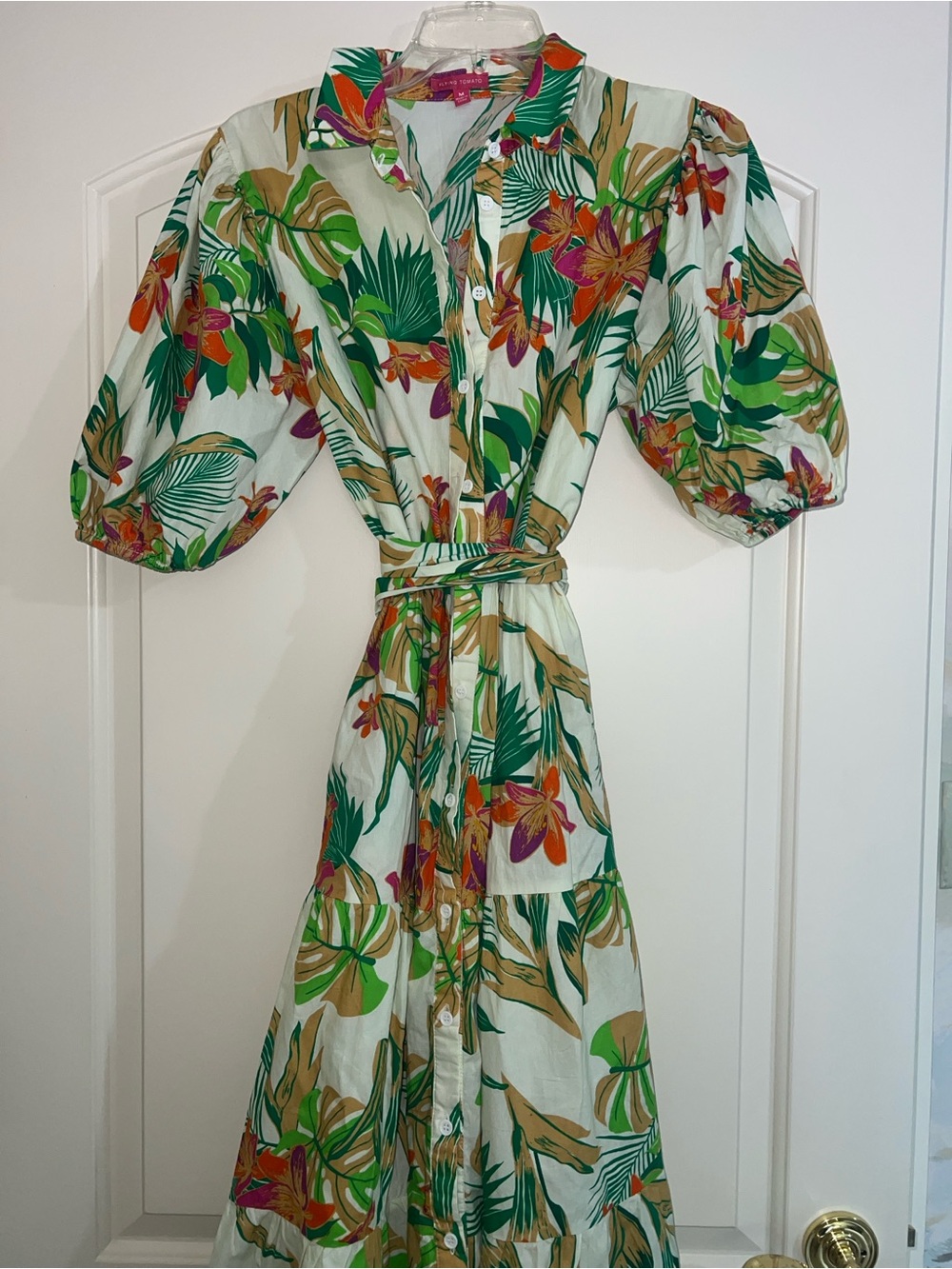 Flying Tomato Tropical Floral Maxi Shirt Dress in Green, White & Tan